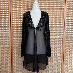 Frederick’s of Hollywood black sheer lace robe with front tie